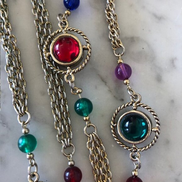 LADY REMINGTON Signed Cabochon Gold Tone Long Necklace 1980's - Picture 4 of 16